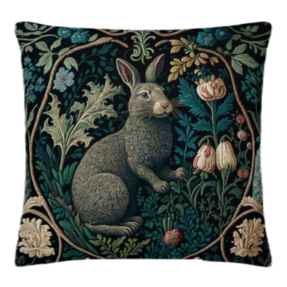 William Morris Inspired Rabbit in a Forest Pillow