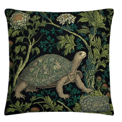 William Morris Inspired Turtle in a Forest Pillow