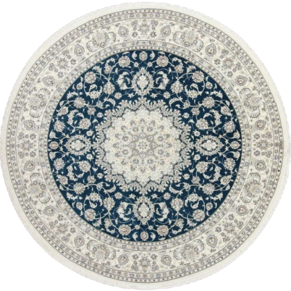 white and dark blue traditional circle rug