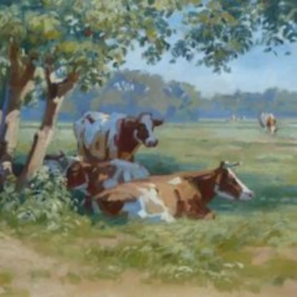 cute cows on field painting