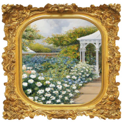 Victorian Mansion decal oil painting of garden