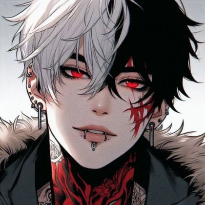 dark anime black white red fur coat