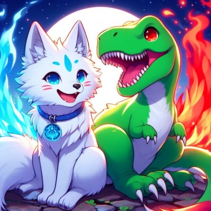 Kitsune and T-rex party