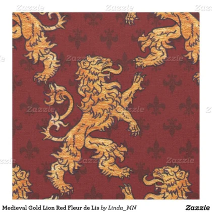 Medieval Gold Lion Red Fleur de Lis Fabric