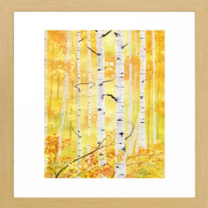 brown framed yellow watercolor trees