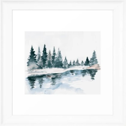 watercolor pine trees by a lake