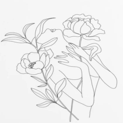 Minimal Line Art Woman With Peonies