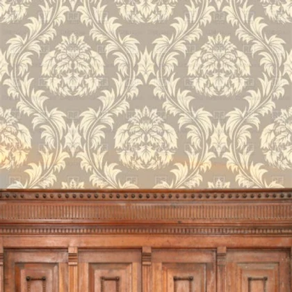 White wallpaper with wood paneling