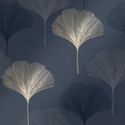 Leaf Wallpaper Navy, Gold