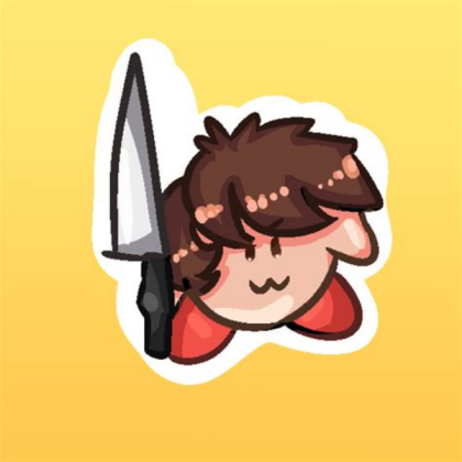 Albert as kirby holding a knife
