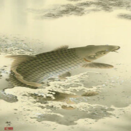 japanese art - fish in rapids kakejiku